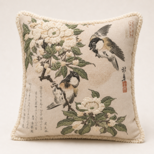 Marsh-Tits and Crab Apple Embroidered Cushion